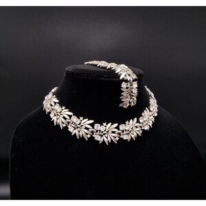 Vintage 1960s TRIFARI Silver-Tone Rhinestone Leaf Necklace & Bracelet Jewelry Se